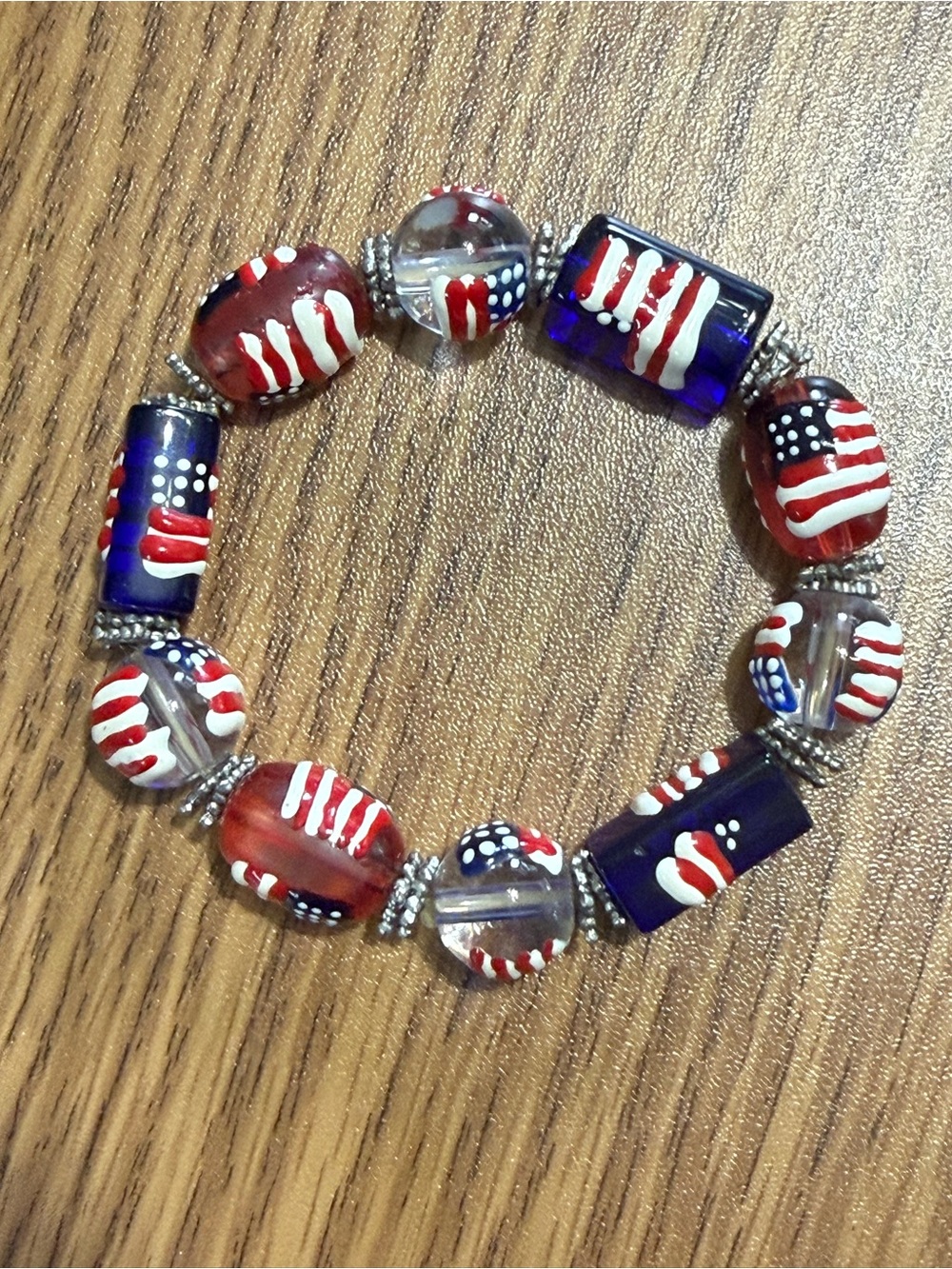 July 4, Patriotic Bead Bracelet. Each bead has a painted Flag. 8” un-stretched - Picture 3 of 5